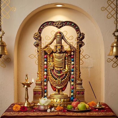 Lord Tirupati Balaji Murti – 8 Inch Golden Polyresin Statue | Handcrafted Venkateswara Idol for Home Temple, Office Desk & Spiritual Gift (Lord Srinivasa Govinda)