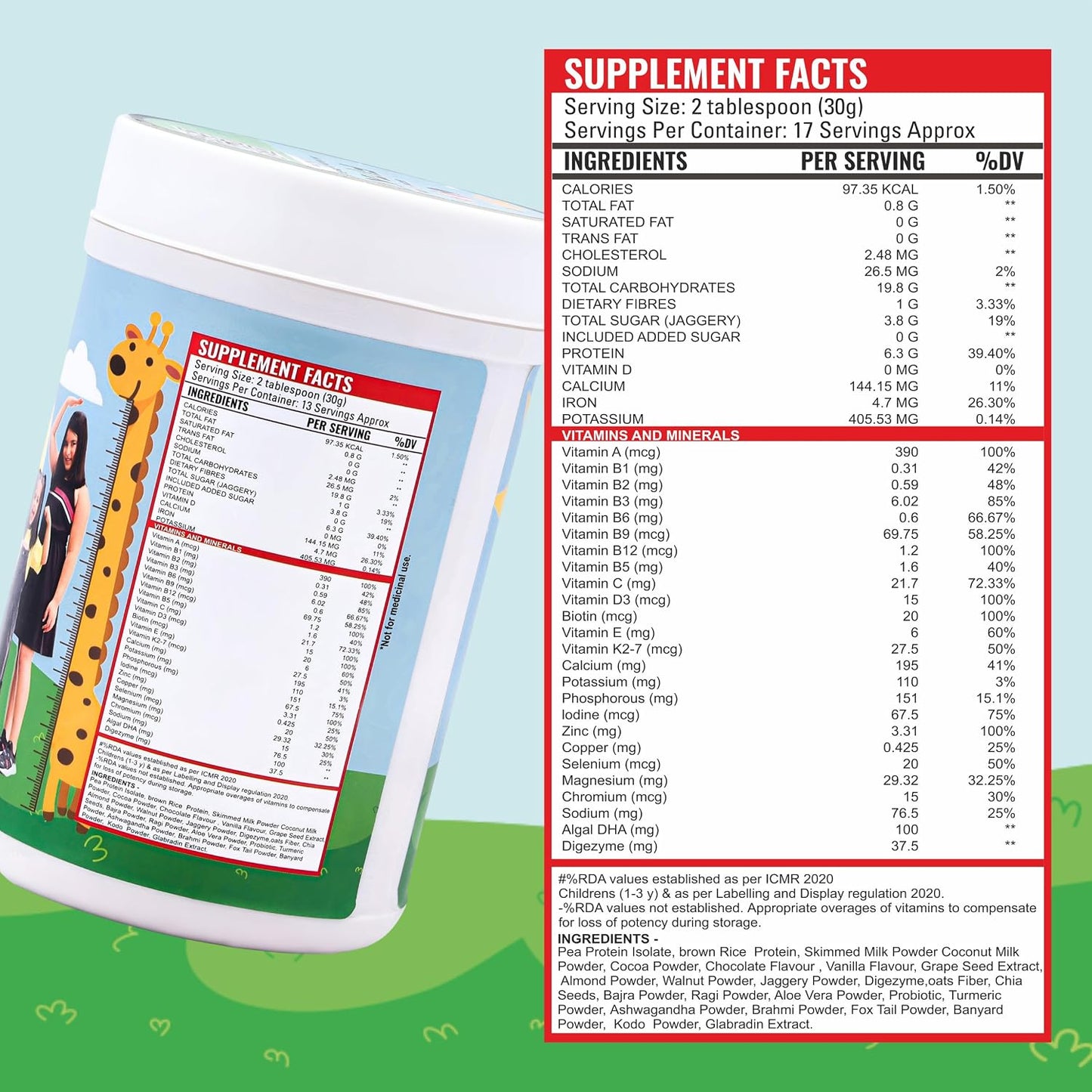 Growfitz FitKid | Natural Healthy Everyday Meal for Kids 2-18 | Supports Bone Strength, Immunity, Brain Development | No Sugar, Only Jaggery | 6.3g Protein | Almonds, Walnut, Ragi, Bajra, Chocolate Powder