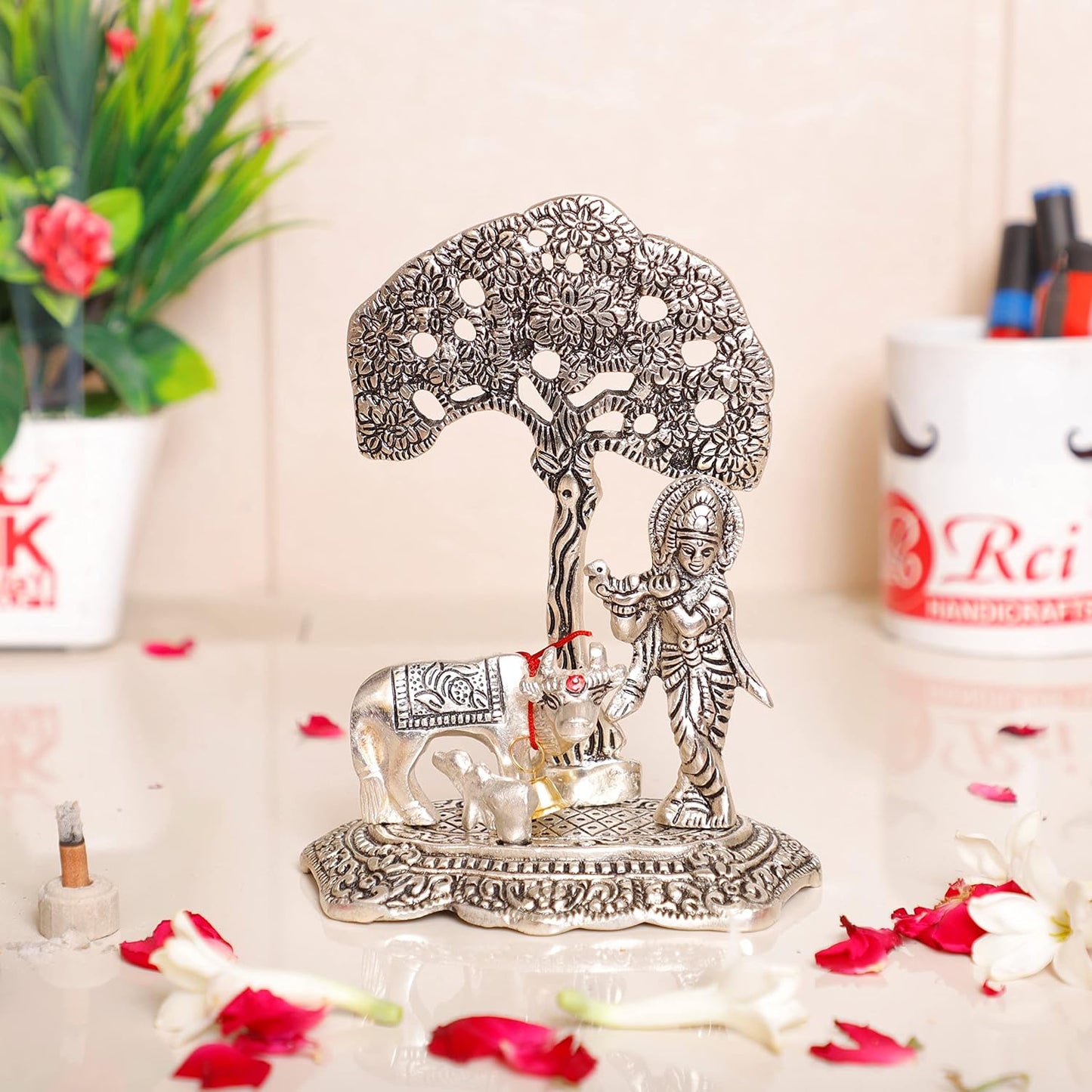 KridayKraft Silver Plated Kamdhenu Cow with Krishna Standing Under Tree Plying Flute Metal Statue,Krishna Murti Idol for Pooja & Decor Your Home,Office,Showpiece