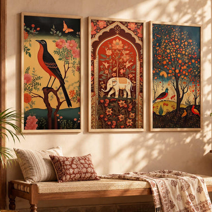 Art Wall Painting Indian Traditional Madhubani Home Decoration With Frame For Living Room Bed Room Hotel Wall Decor Digital Reprint Engineered Wood Set of 3 (Art 3, 10x19 inch)