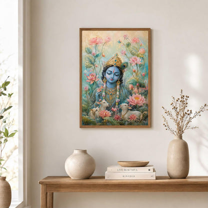 Lord Krishna Lotus Cow Wall Painting for Living Room Bedroom Kids Room Decor, Devotional Artwork with Sparkle Laminate and Premium Wooden Synthetic Frame (13.5 x 19.5 Inch) NM01-4115