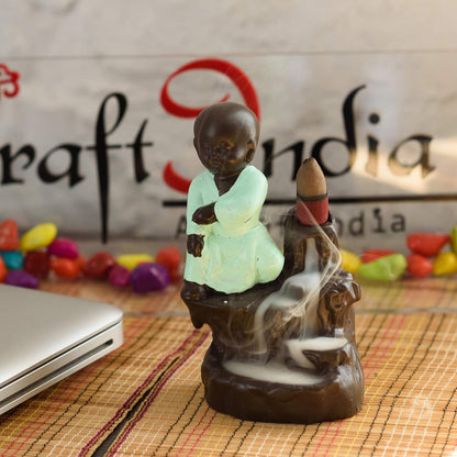 eCraftIndia Polyresin Karate Style Monk Buddha Smoke Backflow Cone Incense Holder (7.01 cm x 7.01 cm x 11.98 cm, Green)