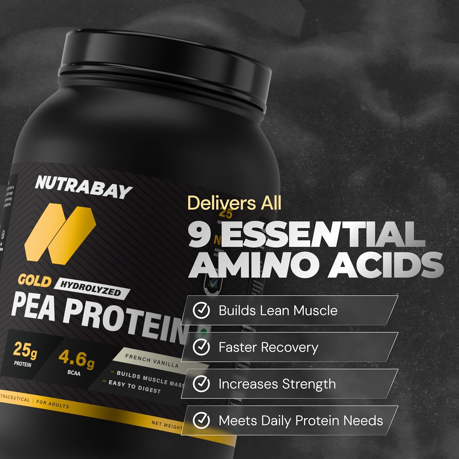 Nutrabay Gold Hydrolyzed Pea Protein container with text on a dark background