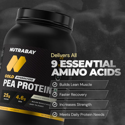Nutrabay Gold Hydrolyzed Pea Protein container with text on a dark background