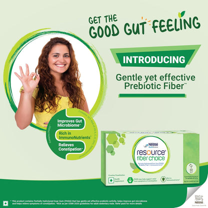 Advertisement for resource fiber choice prebiotic fiber with a woman and product packaging on a light green background.