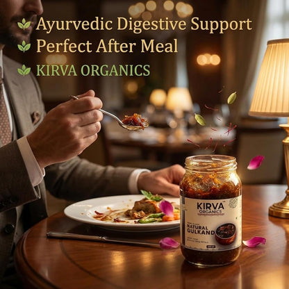 Kirva Organics Natural Gulkand 500g | Sun-Cooked Damask Rose Petals & Rock Sugar | Infused with Kesar & Elaichi | Ayurvedic Digestive & Natural Body Coolant | No Artificial Flavors