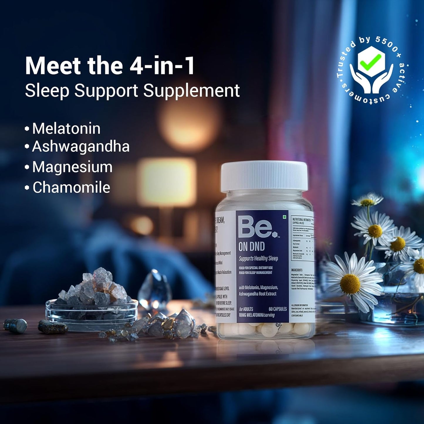 Be. On DND Natural Sleep Supplement | Ashwagandha Capsules with Melatonin, Magnesium Supplement & Chamomile | Non-Habit Forming Sleeping Tablets for Deep Sleep | 60 Veg Capsules- 30 Day Supply