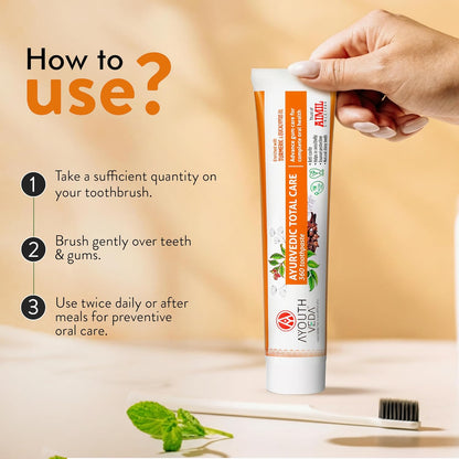 Ayouthveda Total Care 360 Toothpaste | Turmeric & Eucalyptus Oil Toothpaste for Cavity Prevention, Enamel Protection, Gum Strengthening & Long-Lasting Fresh Breath | Natural Anti-Bacterial Oral Care Formula | 100g (Pack of 1)