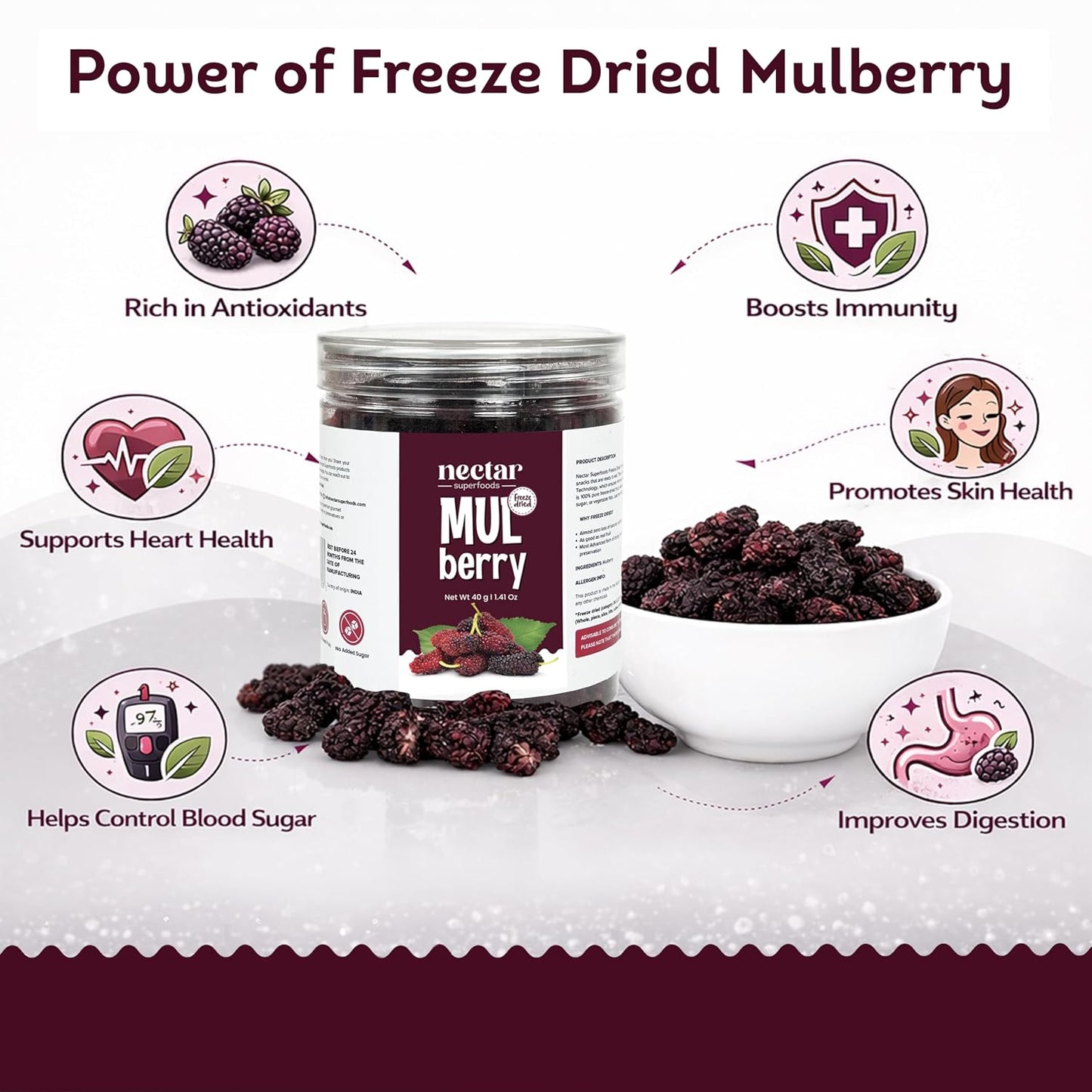 Nectar Superfoods Freeze Dried Mulberry - 40 grams Jar-Pack of 1 Nos | 100% Natural & Pure | No Preservatives, No Sugar Added, Vegan | Ideal for Cooking & Seasoning | Made in India