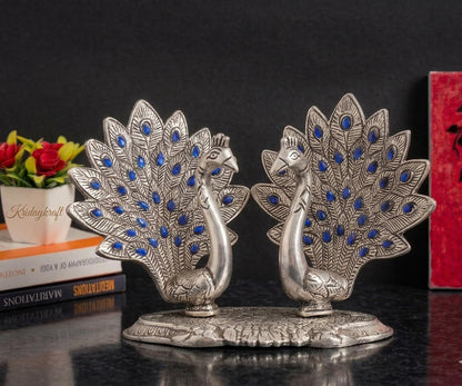Double Peacock Metal Statue, Lovers Peacock Couple, Animal Showpiece Figurines, Feng Shui as Table Top Figurine for Living Room, Office, Bedroom, Decorative (Silver)