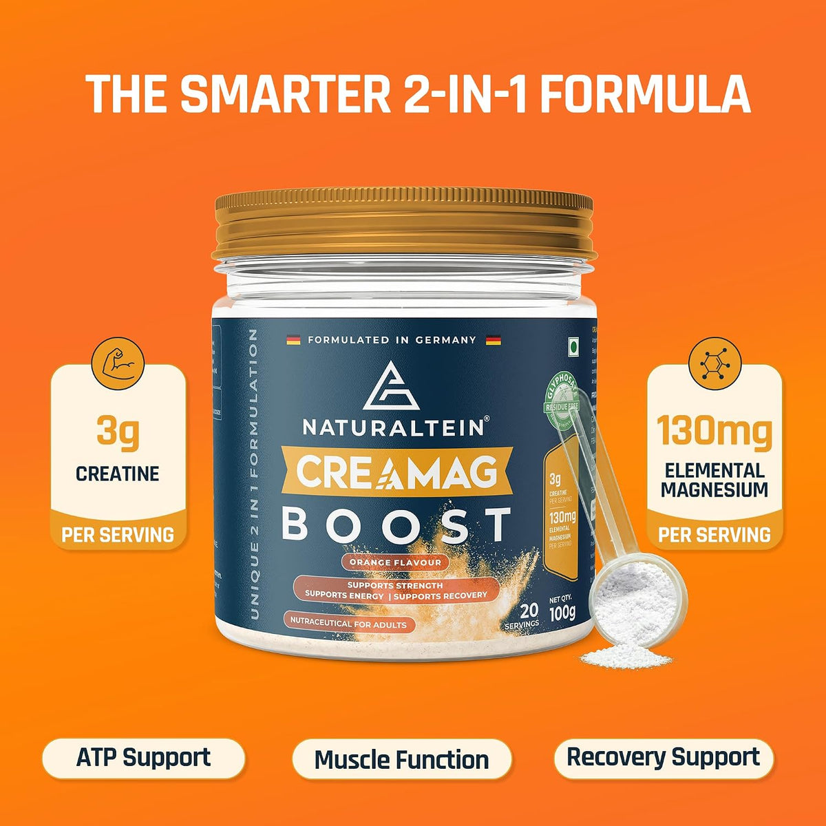 Naturaltein Creamag Boost Creatine 3g + Magnesium Bisglycinate 130mg Supplement Powder, Orange Flavour, Supports Strength, Energy & Recovery, 100g (20 Servings)
