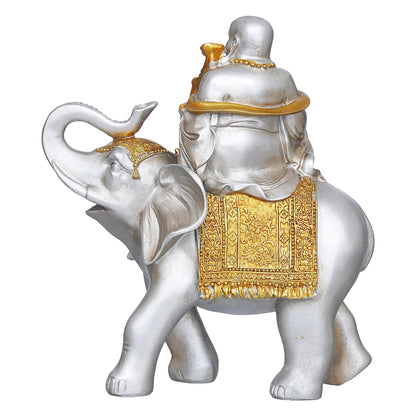Silver Golden Resin Laughing Buddha Statue Seating on Elephant Figurine Showpiece for Home Decor Living Room Bedroom Laughing Buddha for Good Luck Money| Gift for Birthday Friendship Day