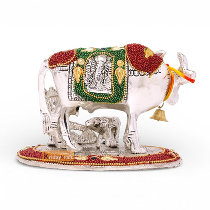 KridayKraft Kamdhenu Cow,Calf with Bal Gopal Krishna Metal Statue for Good Luck,Feng Shui As Table Top Figurine,Vastu,Religious Gau MATA Idol Home,Office&Table Decorative,Animal