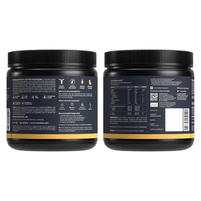 Two black containers with labels on a white background