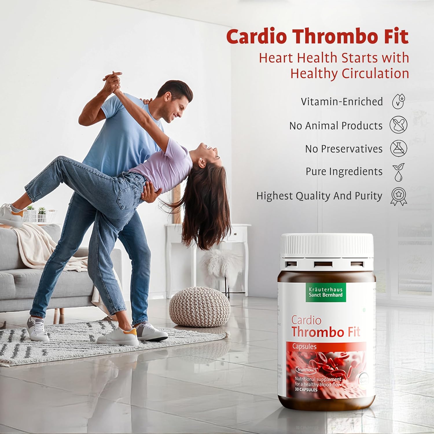 Couple dancing in a living room with a bottle of Cardio Thrombo Fit vitamins on a white background.