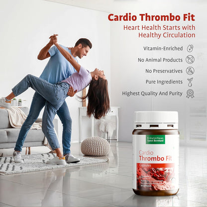 Couple dancing in a living room with a bottle of Cardio Thrombo Fit vitamins on a white background.