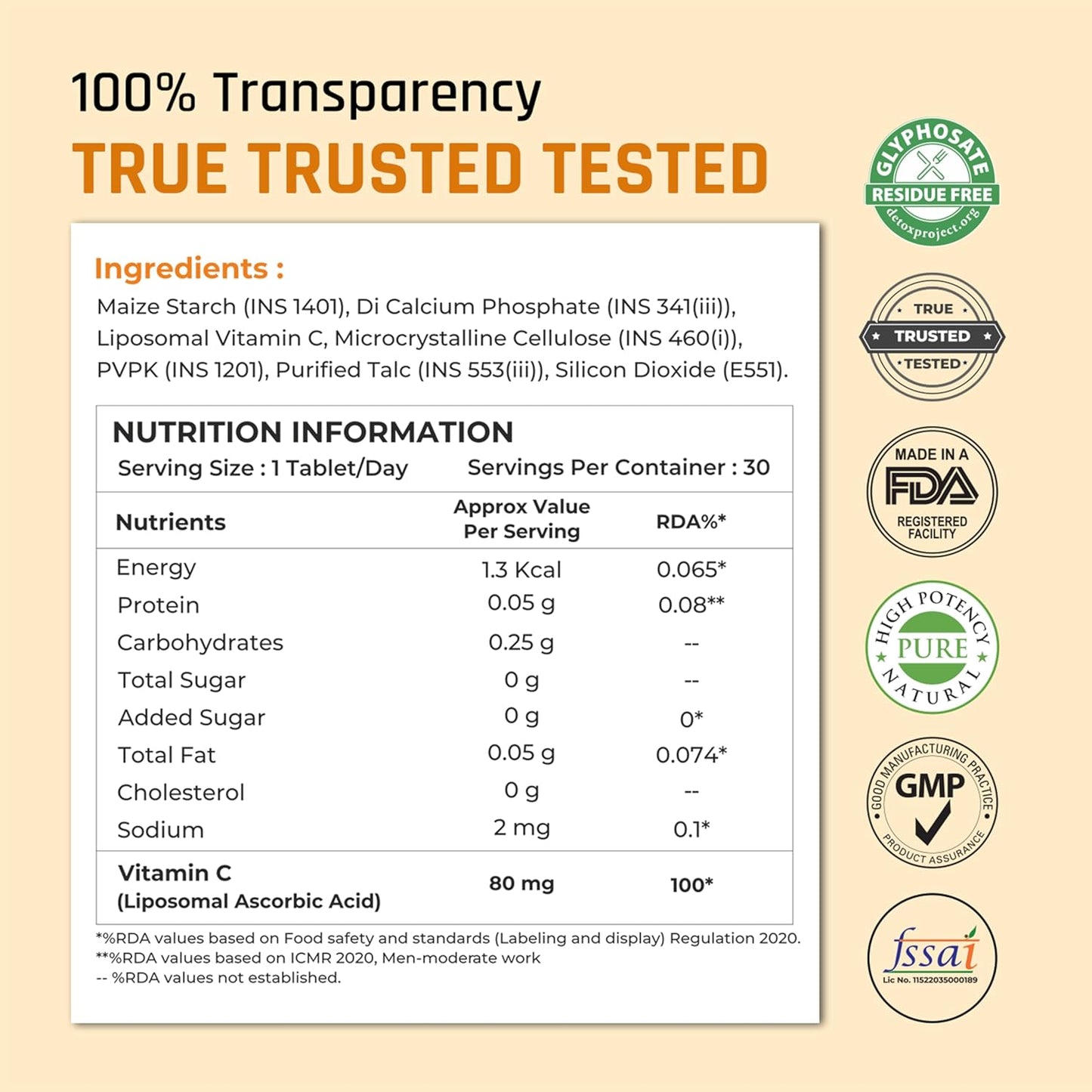 Nutritional label with ingredients and certification logos on a beige background