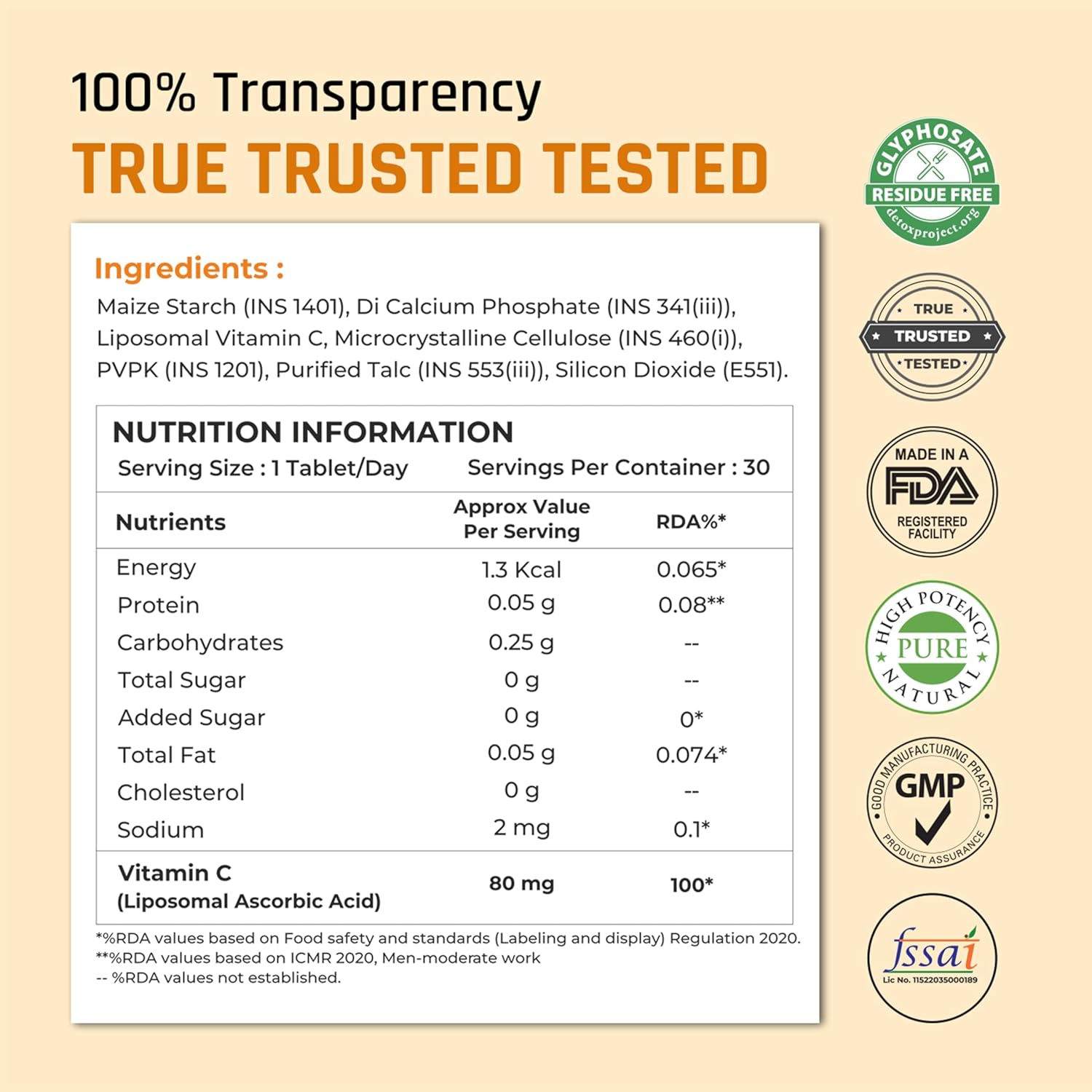 Nutritional label with ingredients and certification logos on a beige background