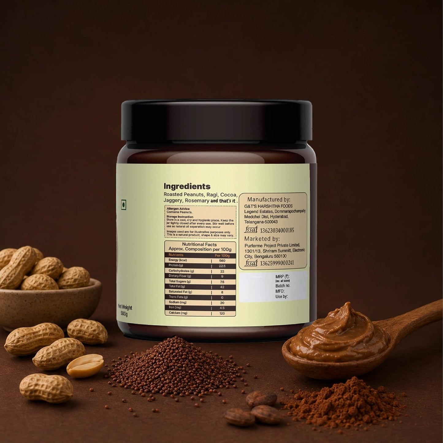 PurFerme Project Ragi & Cocoa with Jaggery Peanut Butter | Creamy (500 g) | Healthy Peanut Butter with Ragi & Cocoa