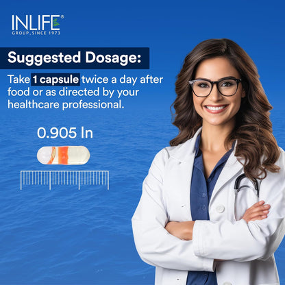 INLIFE Fish Oil Omega 3 Capsule 1000mg | Double Strength | Supplement for Heart, Brain and Joint Health for Men Women | EPA:DHA - 360:240-60 Liquid Filled Capsules