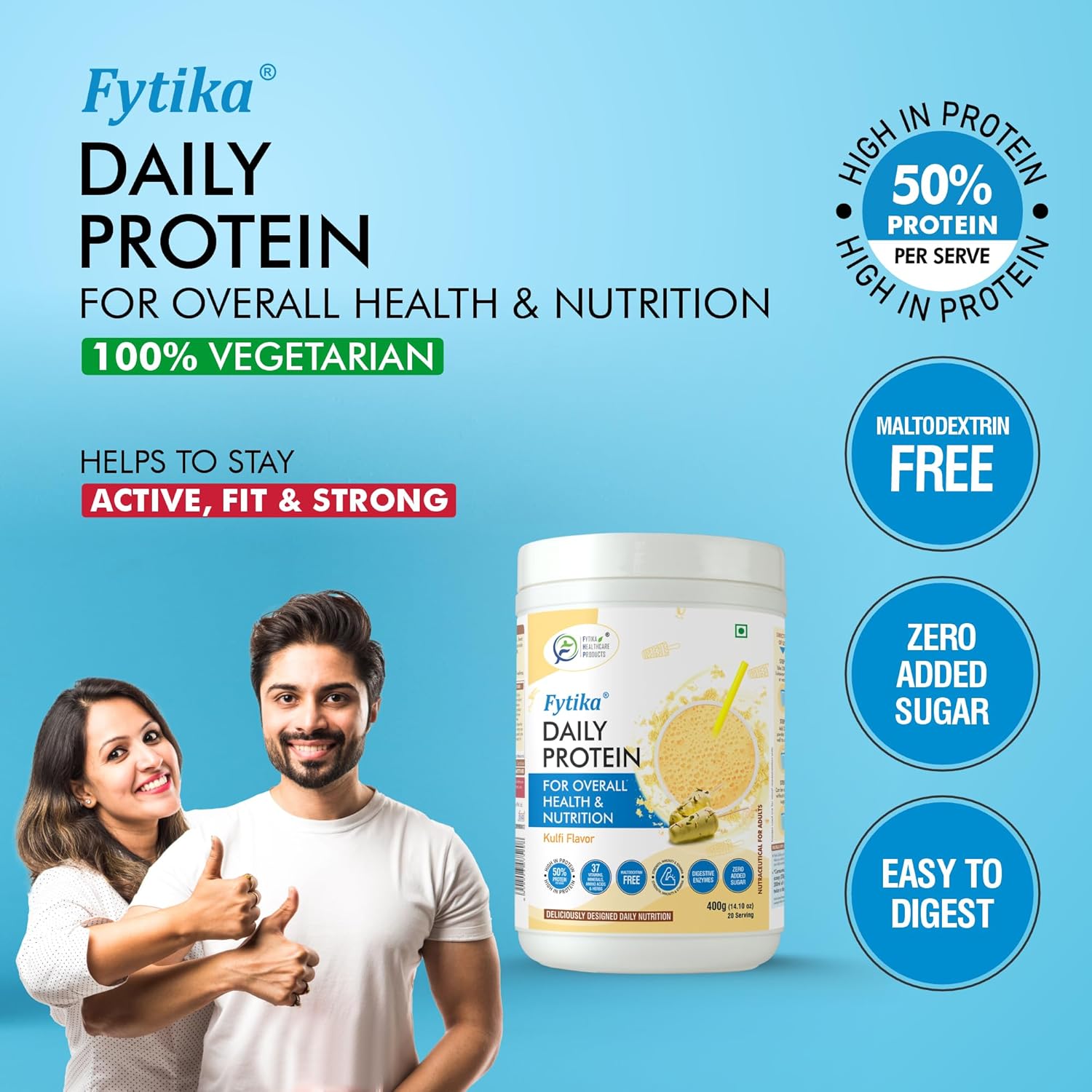 Fytika Daily Protein container with a couple giving thumbs up on a blue background