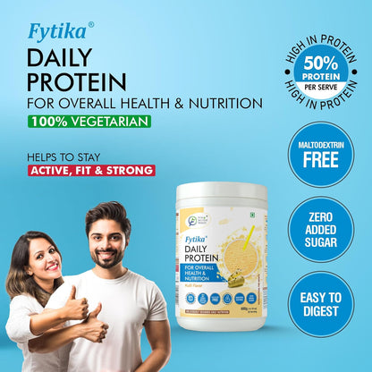Fytika Daily Protein container with a couple giving thumbs up on a blue background