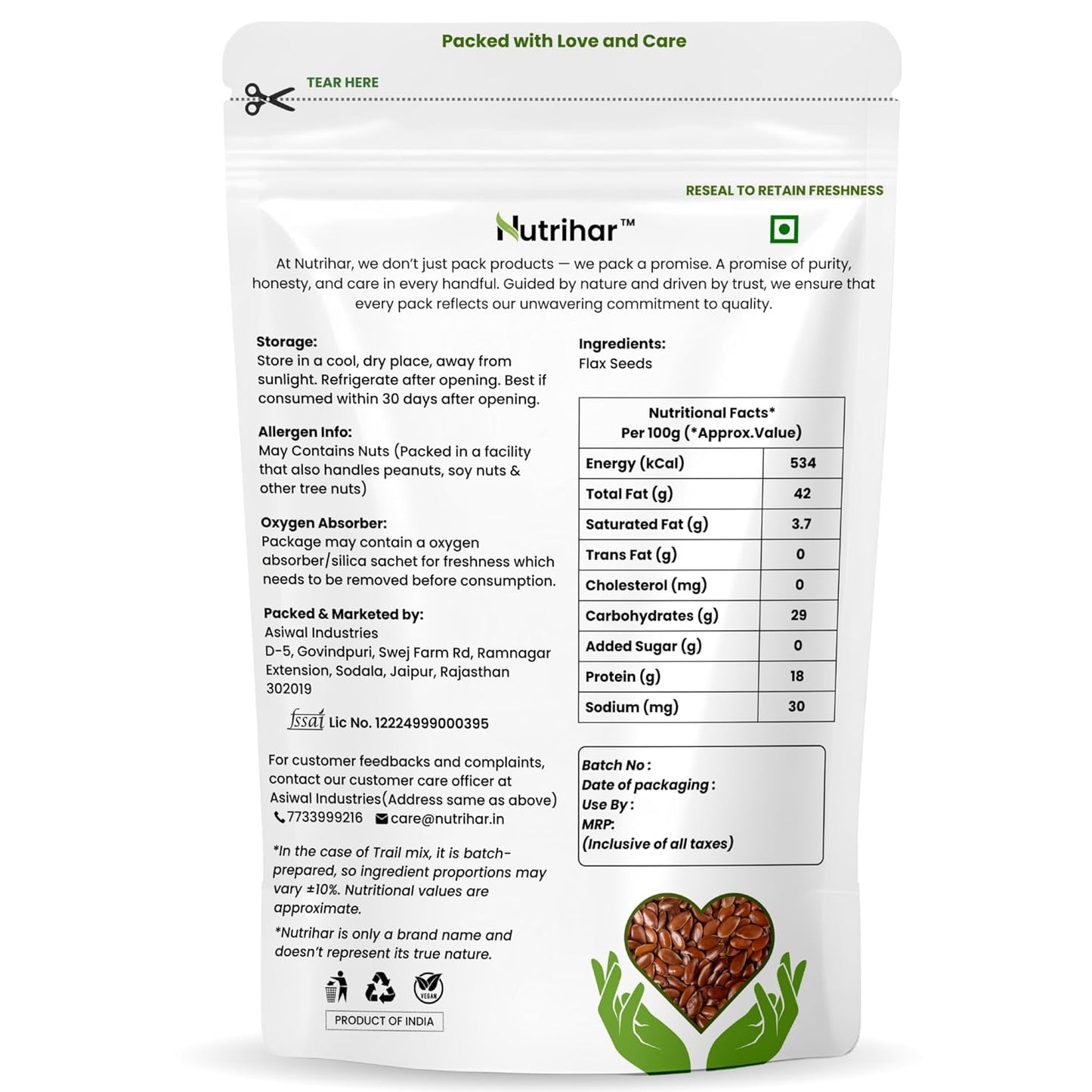 Nutrihar Raw Flax Seeds 100g | Double-Cleaned | Rich in Omega-3 & Protein | Good for Hair Growth | Alsi Seeds 100g