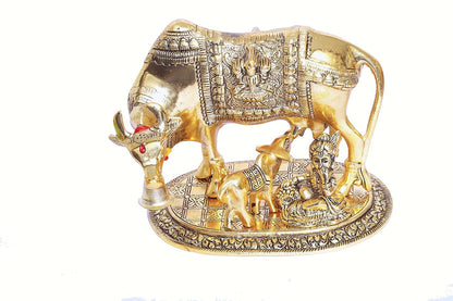 KridayKraft Kamdhenu Cow,Calf with Bal Gopal Krishna Metal Statue for Good Luck,Feng Shui As Table Top Figurine,Vastu,Religious Gau MATA Idol Home,Office&Table
