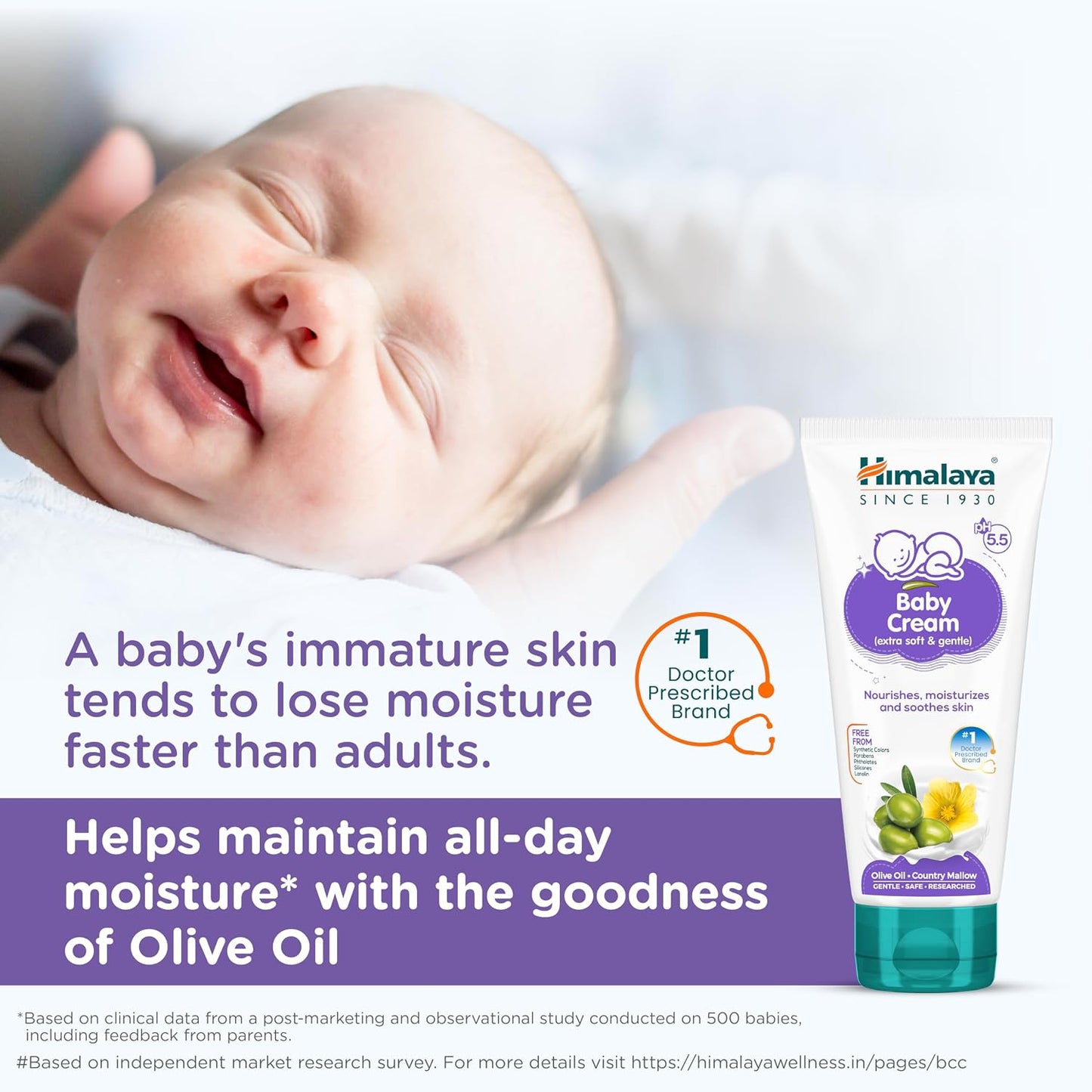 Himalaya Gentle Baby Cream 50ml | No.1 Doctor-Prescribed Brand | Nourishes & Extra Soft Skin | pH 5.5 Formulation | Safe for Newborns