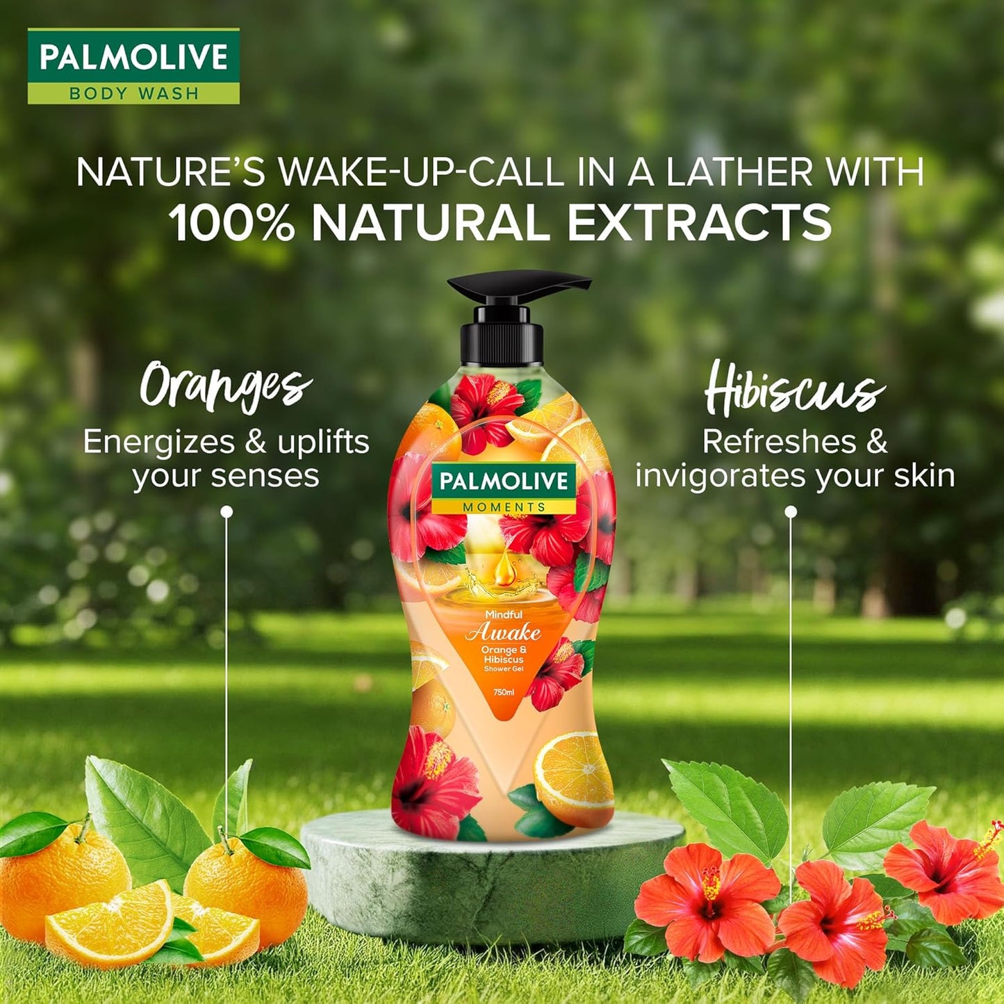 Palmolive Mindful Awake Body Wash, 750ml Shower Gel Single Pump Bottle, 100% Natural Orange & Hibiscus Extracts, pH Balanced Bodywash, Free of Parabens & Silicones