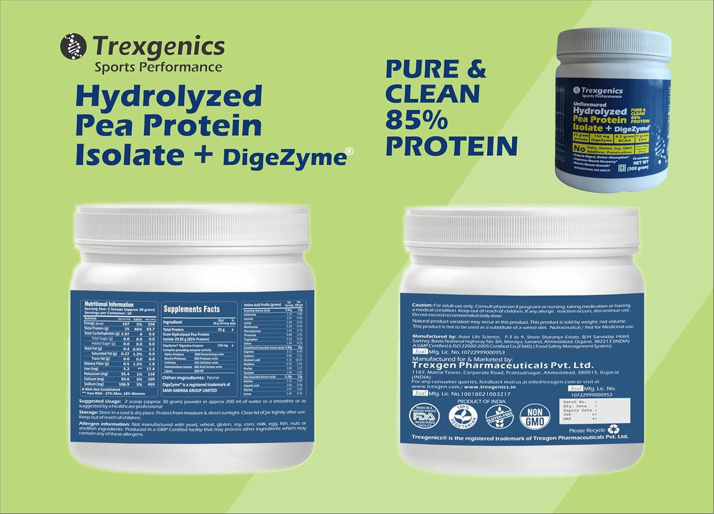 Trexegenics Hydrolyzed Pea Protein Isolate + DigeZyme containers on a green background