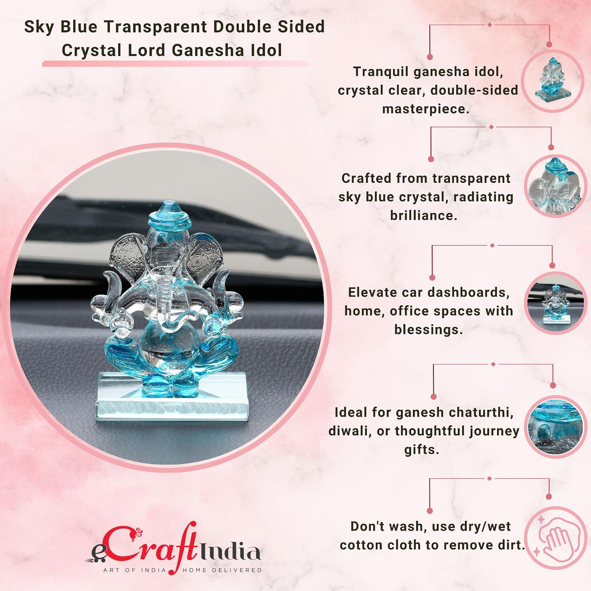 SkyBlue and Transparent Double Sided Crystal Car Ganesha Showpiece