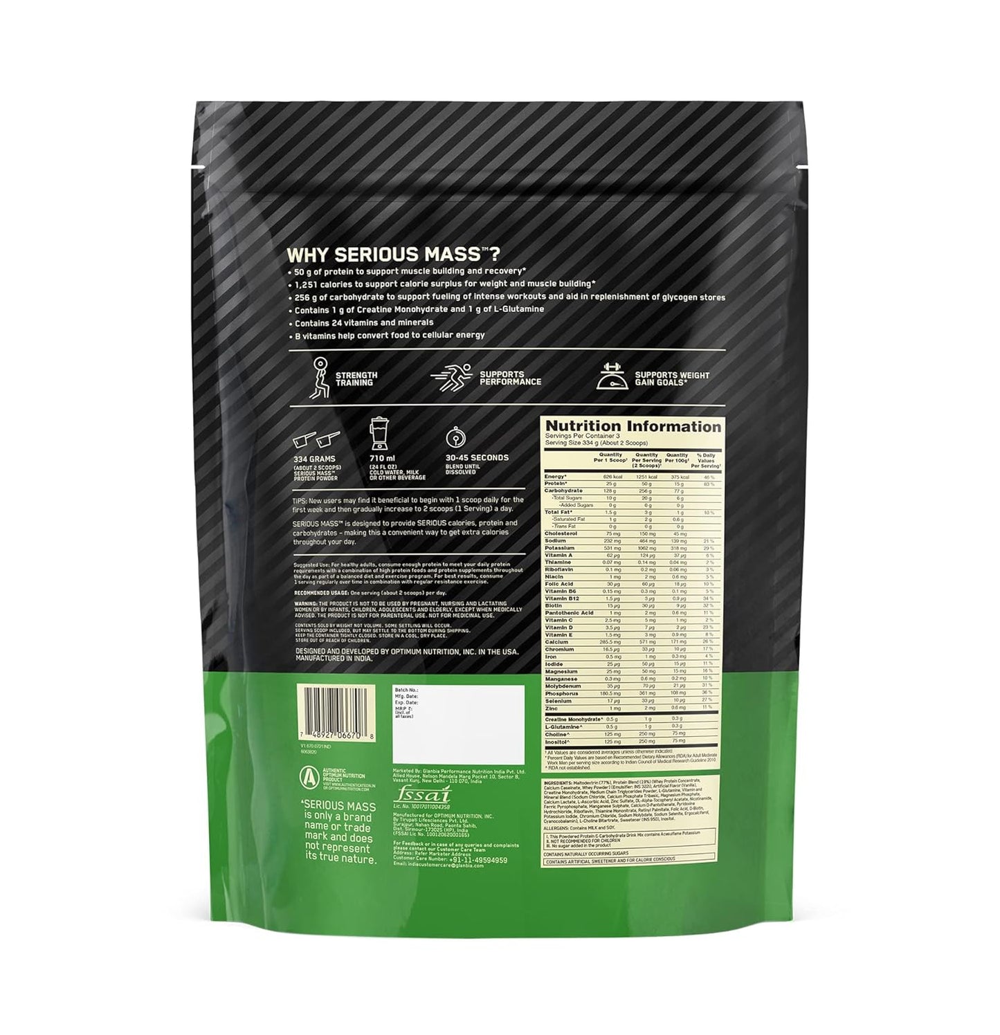 Optimum Nutrition (ON) Serious Mass High Protein High Calorie Weight Gainer Powder - 1 kg with Vitamins and Minerals, Vegetarian