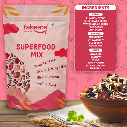 Fabeato 15-In-1 Premium Superfood Mix 200g |Trail Mix |Nuts, Dry Fruits, Seeds and Berries | Rich in Dietary Fiber, Rich in Protein|Trans Fat free|Rich in PUFA
