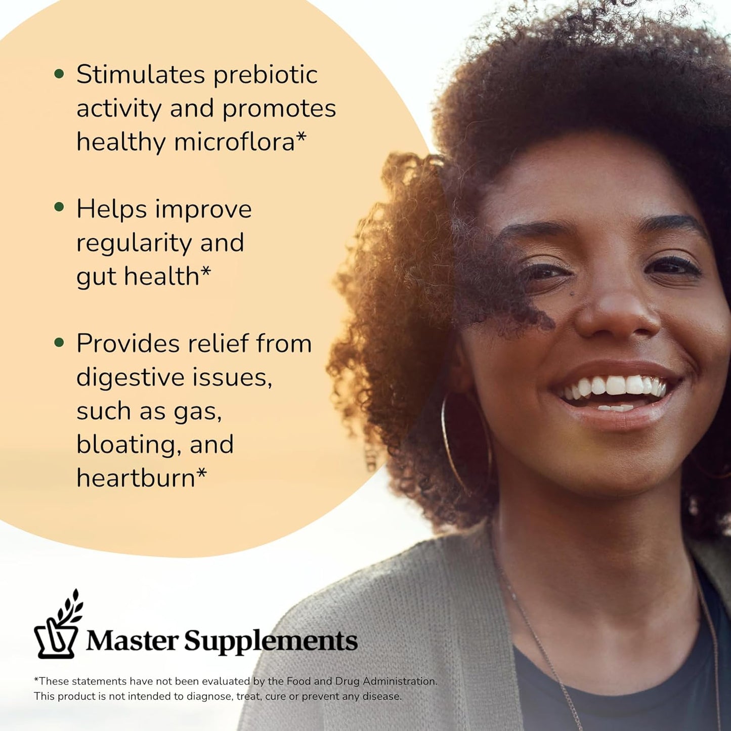 Woman with a smile, text about digestive health benefits, and Master Supplements branding.