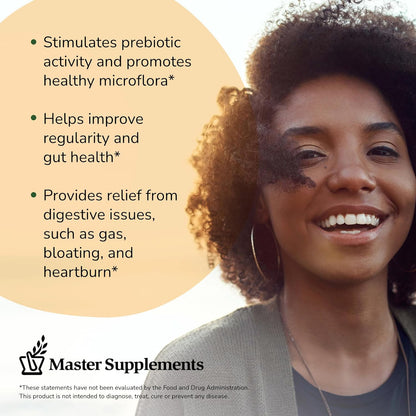 Woman with a smile, text about digestive health benefits, and Master Supplements branding.
