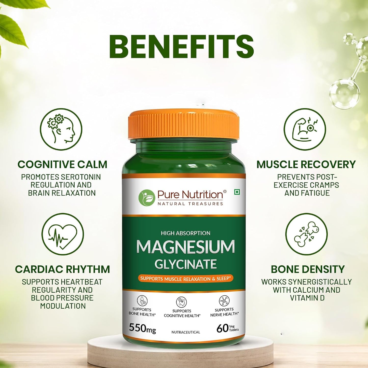 Pure Nutrition Magnesium Glycinate 550mg - 60 Tablets | High Absorption Magnesium Supplement for Daily Wellness | Supports Muscle Relaxation, Sleep & Nerve Function