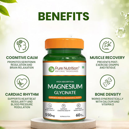 Pure Nutrition Magnesium Glycinate 550mg - 60 Tablets | High Absorption Magnesium Supplement for Daily Wellness | Supports Muscle Relaxation, Sleep & Nerve Function