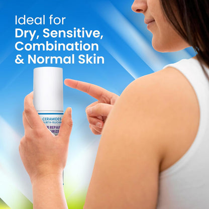 Woman pointing to a bottle of skincare product with text about skin types on a blue gradient background