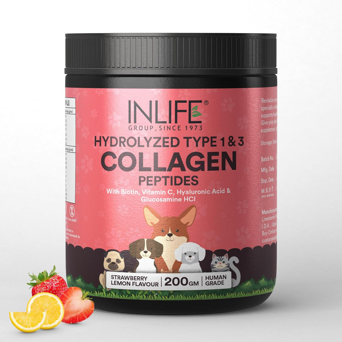 INLIFE Collagen Peptides Supplement Dogs Cats, Glucosamine 200g Strawberry | Joint Lubrication, Synovial Fluid, Immune Health, Antioxidant Activity, Human Grade, Palatable