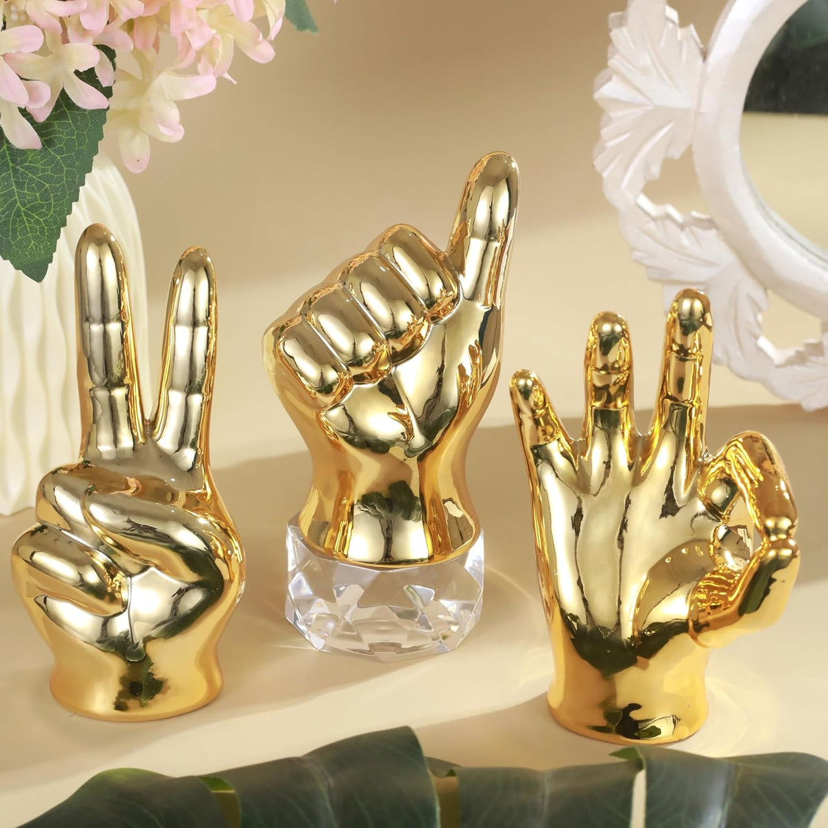 Set Of 3 Hand Sign Fantasy Showpiece Statue Collectible Figurines(Multi,Ceramic)Decorative Items For Home Decor Living Room Bedroom Wall Shelf Office Table Top Decoration Gifting