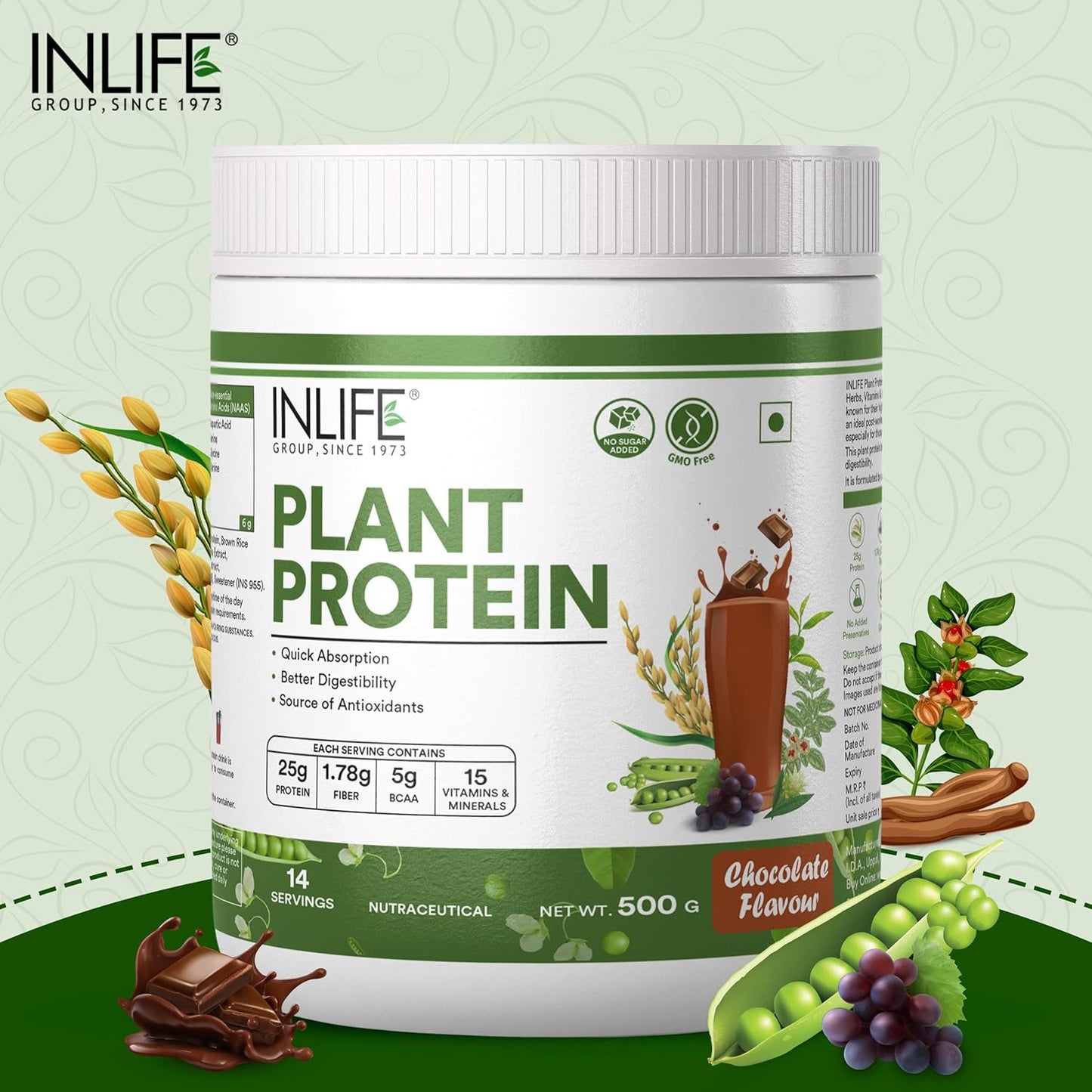 INLIFE Plant Protein Powder - Pea, Quinoa & Brown Rice - 25g Protein - Ashwagandha, Green Tea & Grape Seed Extract - Digestive Enzymes Bodybuilding Supplement (500 g, Chocolate)