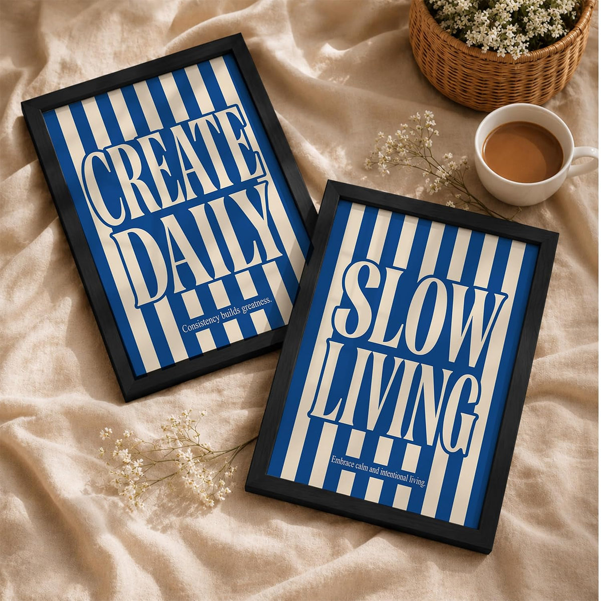 Slow Living Create Daily Wall Art Set of 2 Framed Paintings | Blue Striped Typography Motivational Poster | Office Bedroom Home Décor (Art 22, 10x13 Inches, Black)