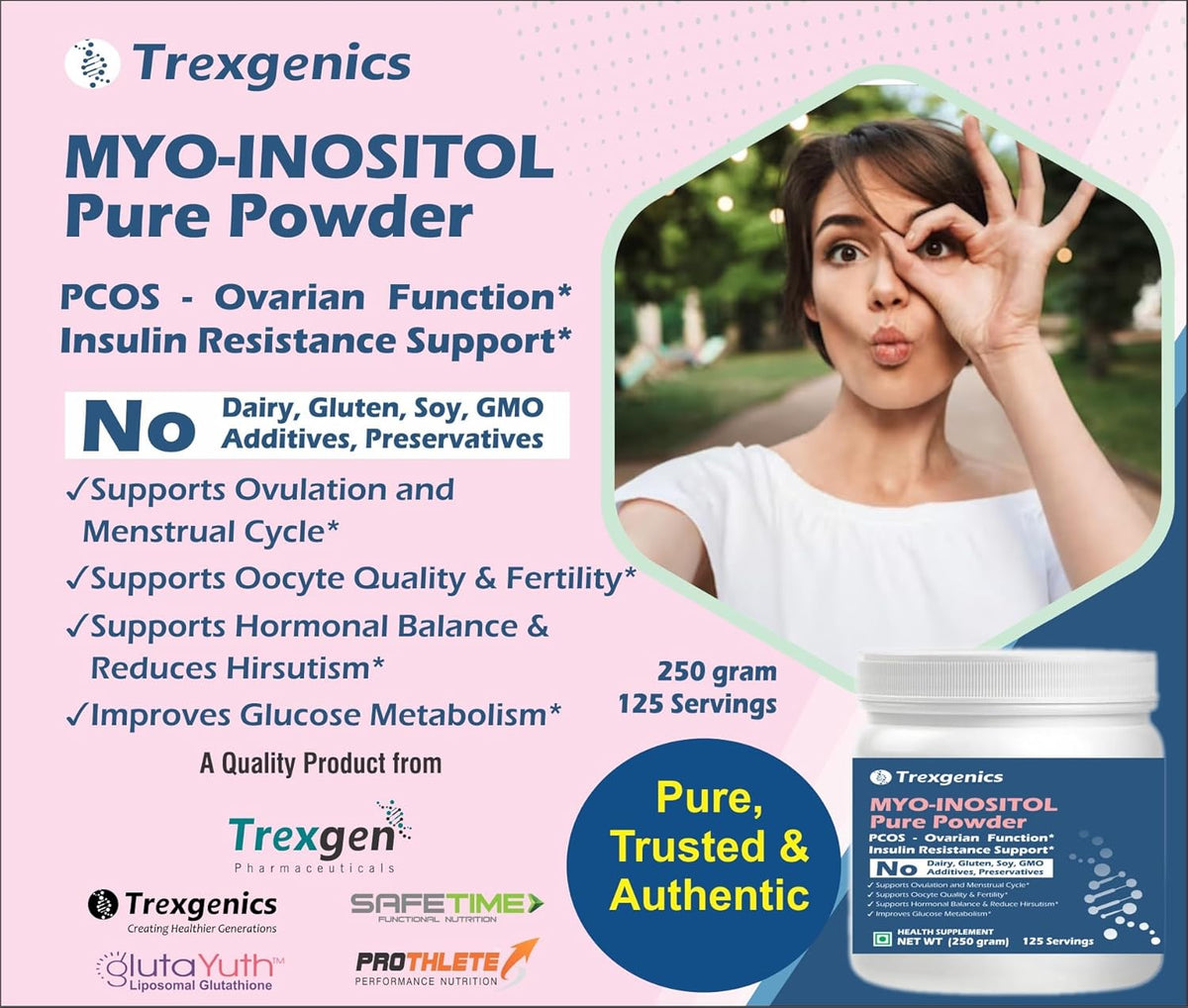 Advertisement for Trexgenics MYO-INOSITOL Pure Powder with a woman in a park.