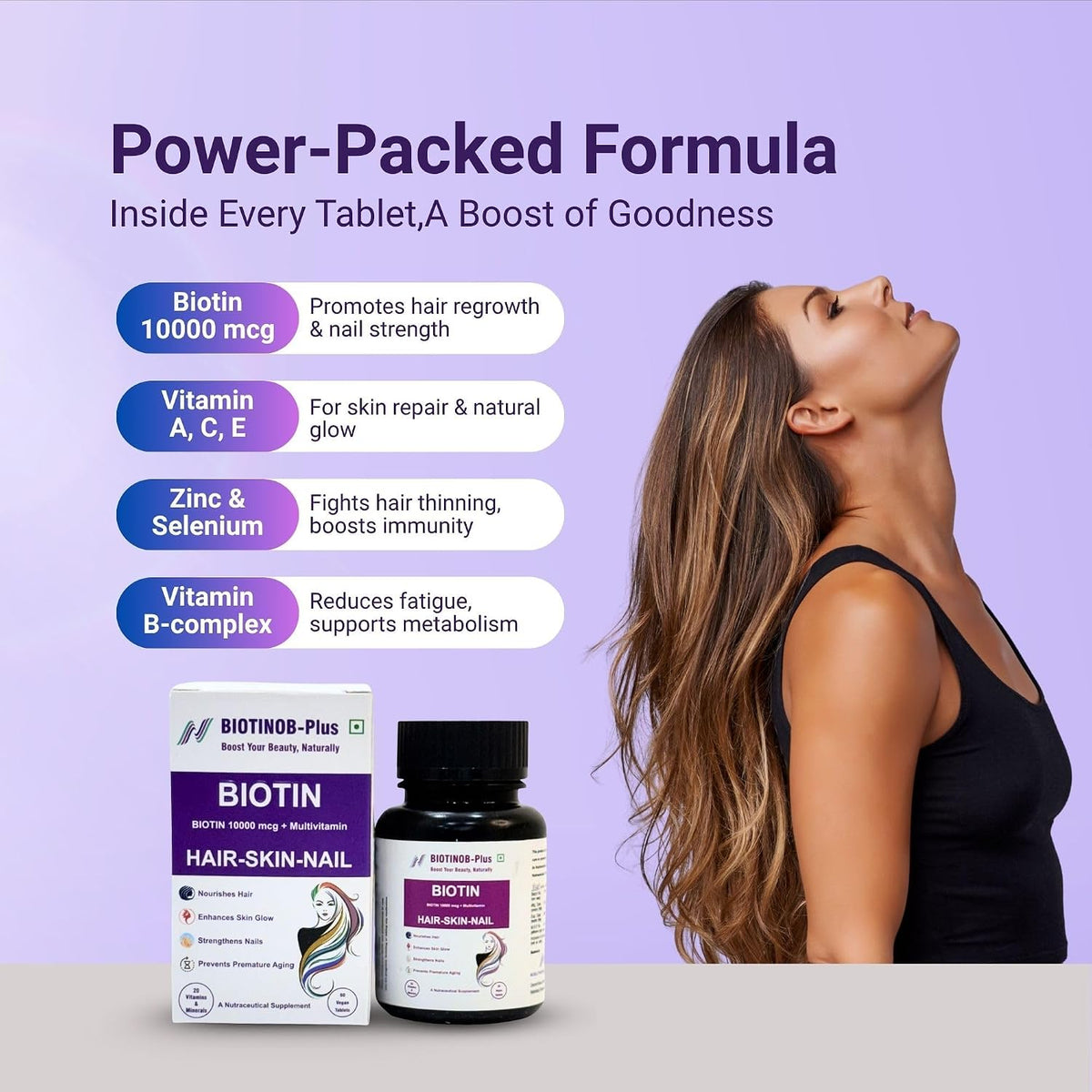 Biotinob-Plus Biotin 10000 mcg Tablets with Multivitamins for Hair, Skin & Nails – Supports Hair Growth, Strong Nails & Glowing Skin – Biotin Supplement for Men & Women – 60 Veg Tablets