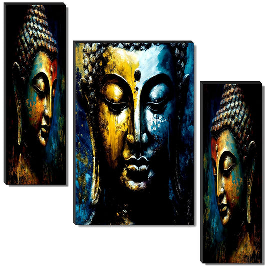 Abstract Gold & Blue Buddha Wall Art – 3-Panel UV-Printed Zen Triptych | Ready-to-Hang Spiritual Home Décor (20 Inch x 12 Inch) JM-35296