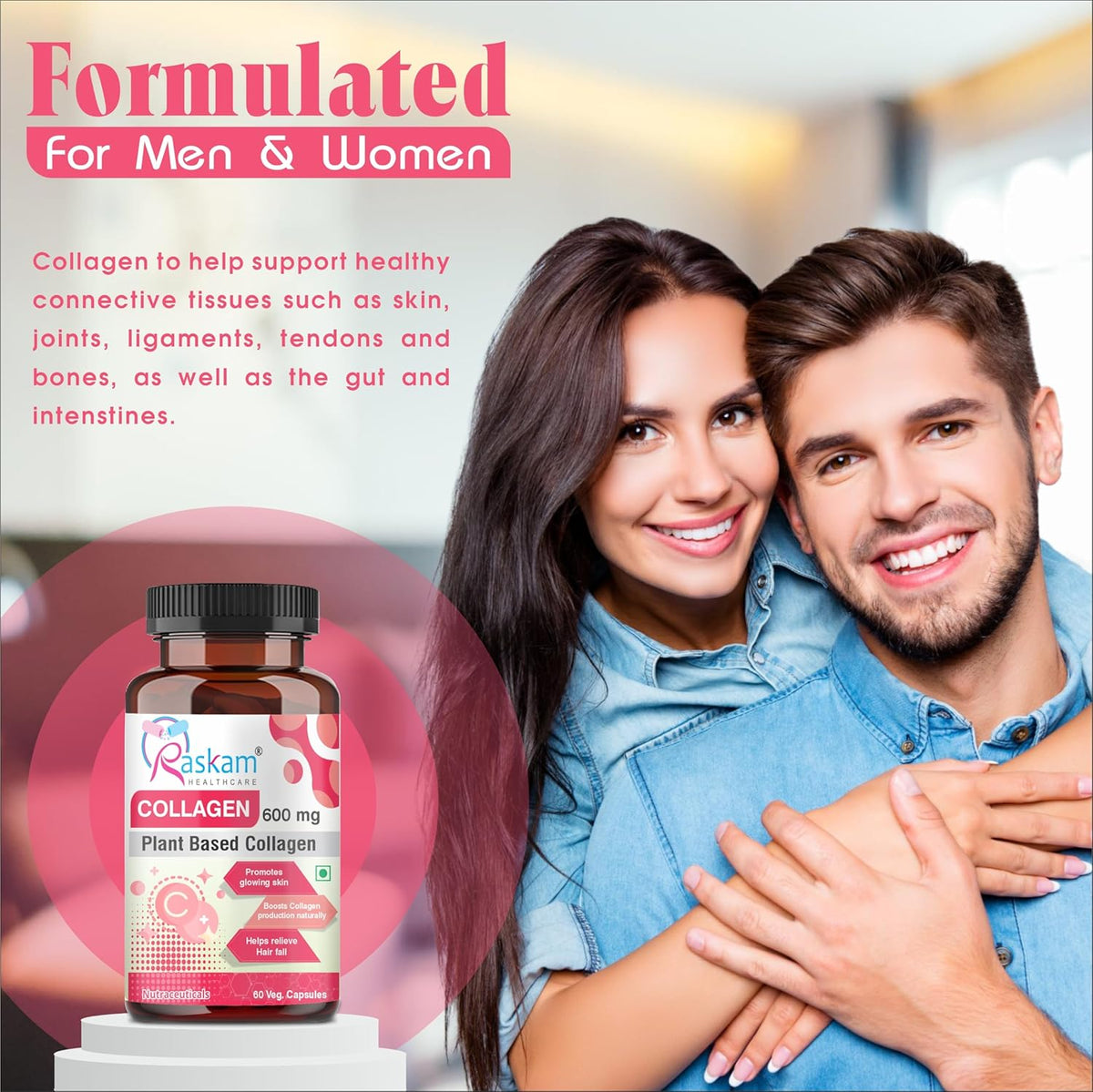 Couple embracing with a bottle of Raskanti Collagen supplement in the foreground, set against a blurred indoor background.