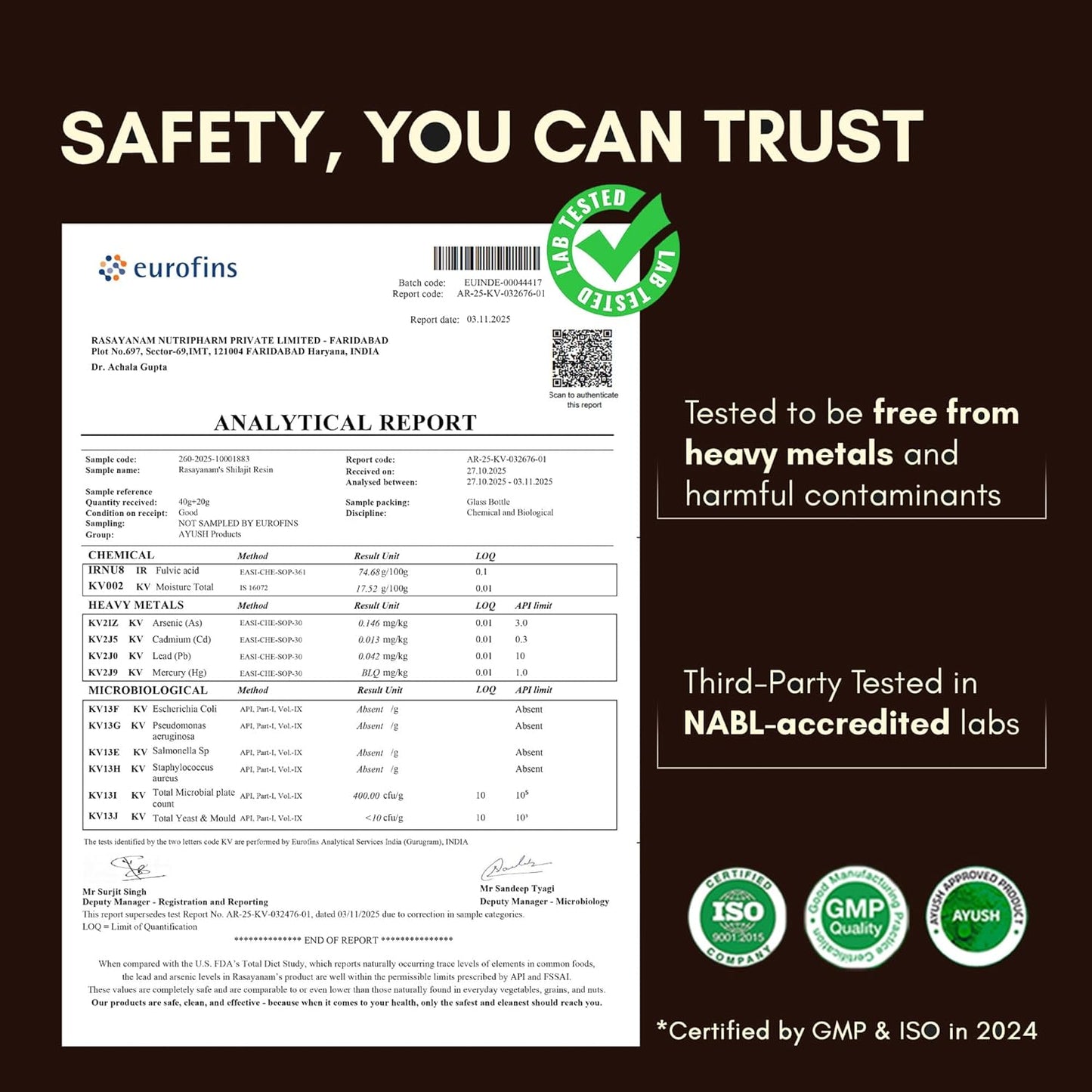 Product label with analytical report, certification logos, and text about safety and testing.