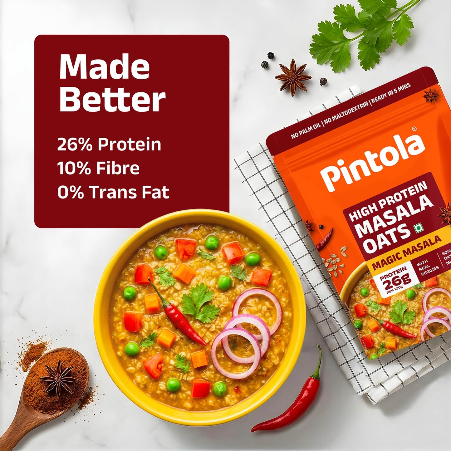 Pintola 26g High Protein Masala Oats, Magic Masala, Breakfast Cereal with High Fiber & Veggies, No Palm Oil, No Preservatives, 5 min Healthy Snack, Helps Manage Weight, Gym Endurance & Gut Friendly
