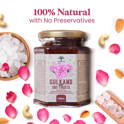 Vanalaya Natural Gulkand Rose Petal Jam - Sun-Cooked Traditional Damask Rose Petals with Cardamom - 600gm